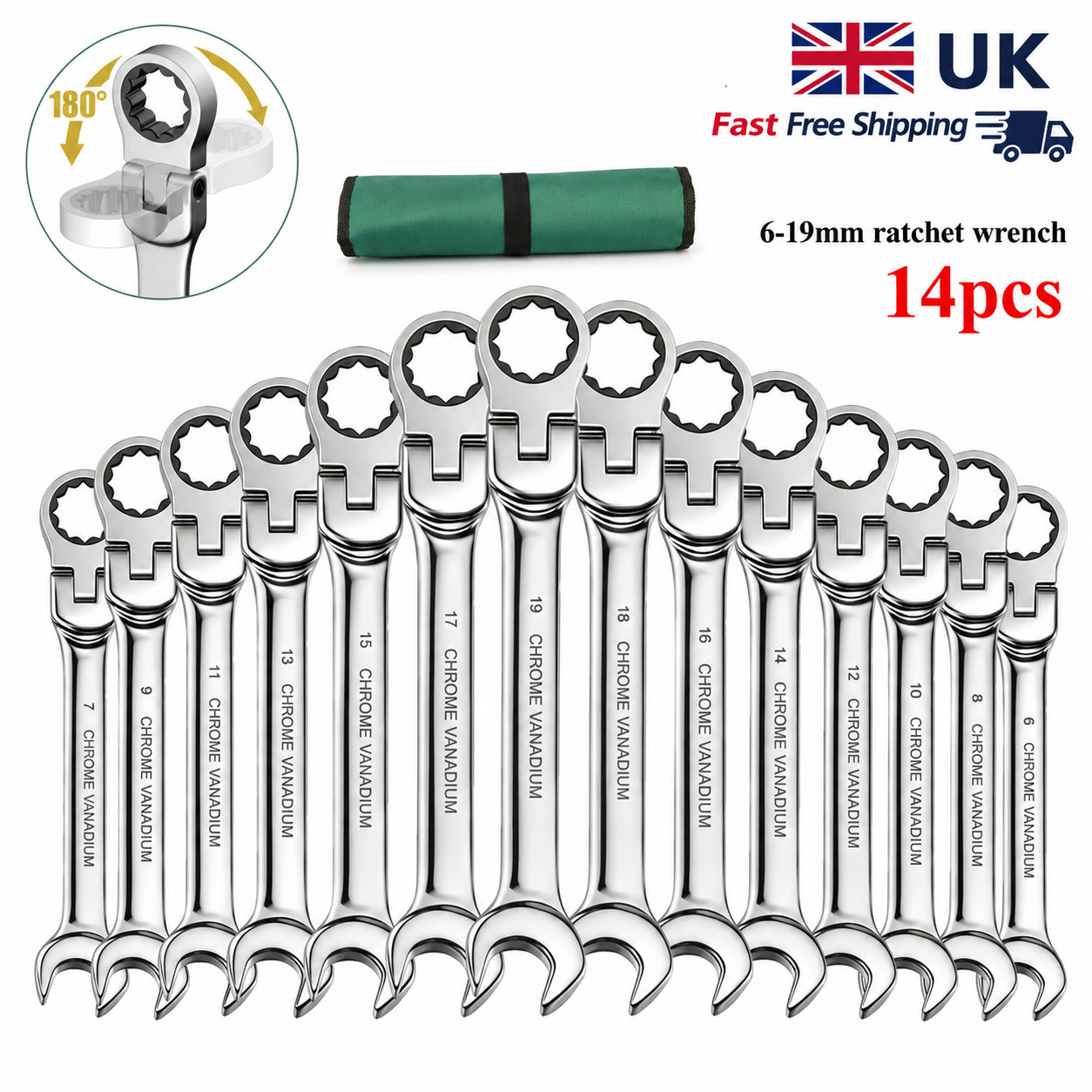 14pcs Flexible Ratchet Spanners Combination Wrench Set Flexi Head Metric 6-19mm