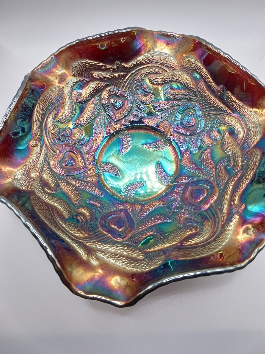 Fenton Carnival Glass Dish Hearts Design Iridescent Colors