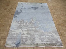 6 x 8'9 Hand Knotted Sky Blue Modern Abstract Oriental Rug With Silk G6834