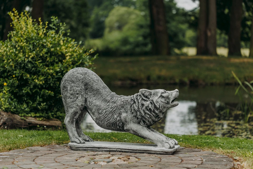Wolf in Angriff-Stellung Steinfigur H.65 cm 98 x 27 cm 138 kg Beton frostsicher - Bild 4 von 4