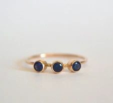 Sapphire 14k Gold Plated Ring, Three Stone Ring, Sterling Silver Minimalist Ring