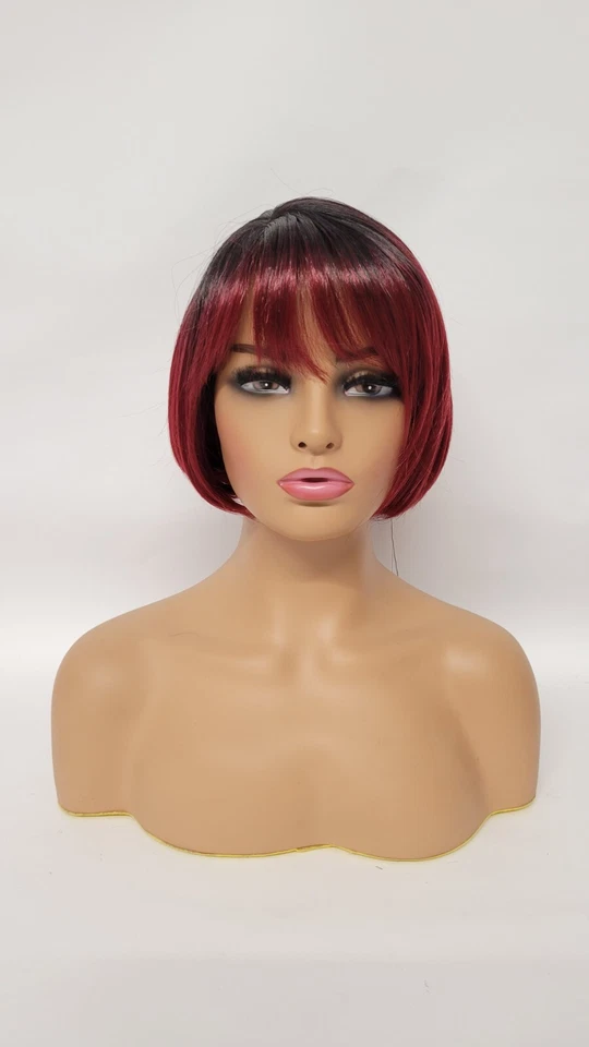 Straight Short Bob bangs Wig Premium Synthetic Daily Fashion Ombre Bl. &BURGANDY - Image 2 of 4