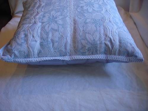 Handmade 13" Square Lace and Silk Pillow - Soft Teal Blue - Picture 10 of 16