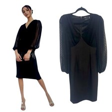 ASOS DESIGN V-Neck Midi Pencil Dress with Textured Sleeves - Size 4