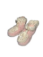 Crochet Baby Booties VTG 1950s Off White With Pink Accents Baby Girl