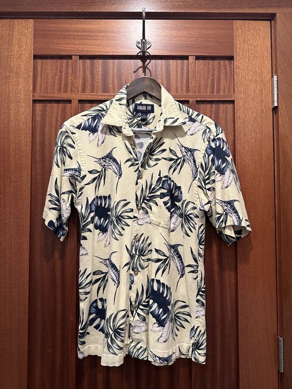 Men’s Vintage Keeler Bay Palm Sailfish Button Up Yellow & Blue Shirt Size M