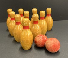 Vintage Toy Wooden Bowling Pins Set 10 2 Wood Balls 3.75"H Tabletop Small