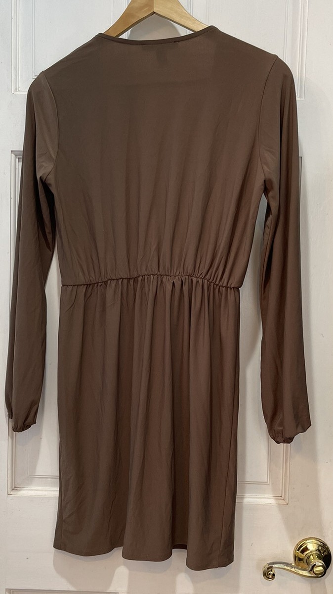 Forever 21 Brown V-Neck Long Sleeve Dress with Elasticized Waist Size Small  | eBay