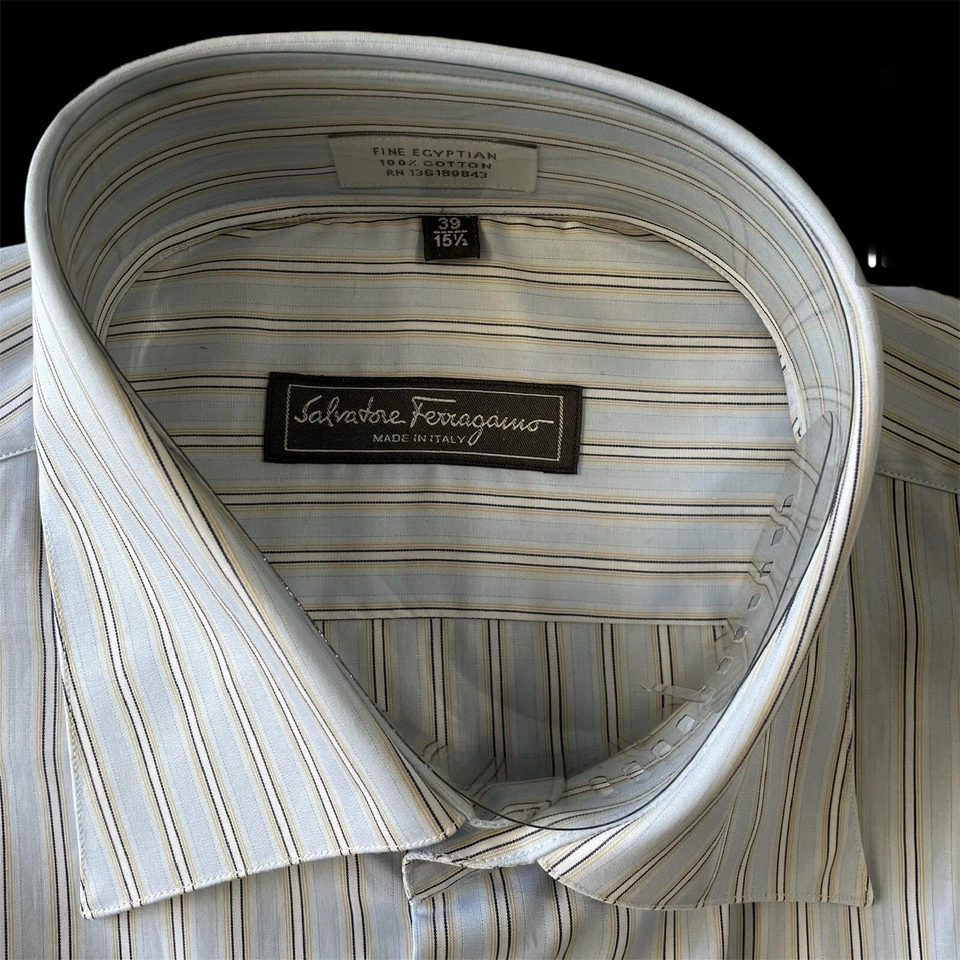 Camisa de vestir para hombre Salvatore Ferragamo talla 15,5/39 azul a rayas nueva con etiquetas $265 Foto 2 de 4