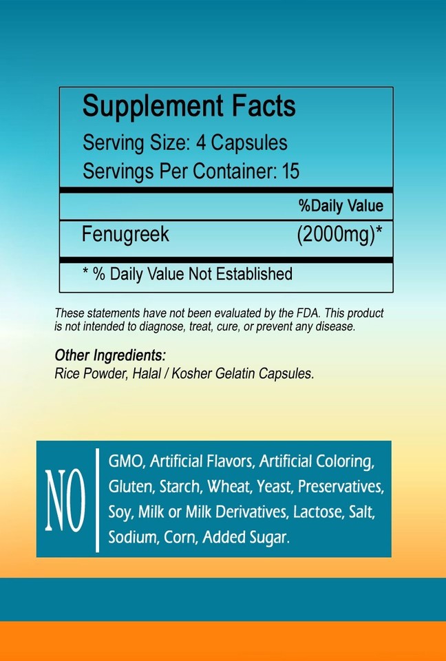 Fenugreek 60 Capsules 2000mg Natural Galactagogue Digestive, Metabolism