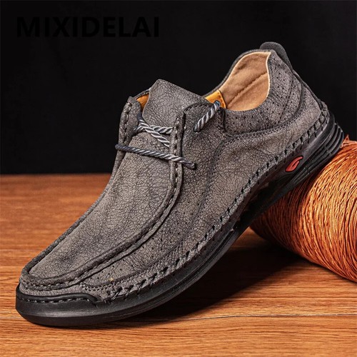 Handmade Leather Casual Shoes Men's Comfortable Sneakers Soft Flat Driving Shoes - Picture 17 of 24