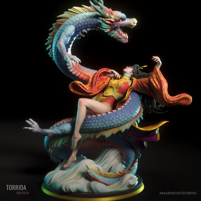 Yahui and the Dragon, Original, sexy Pin-Up Statue, 3D Druck Figur, UNBEMALT