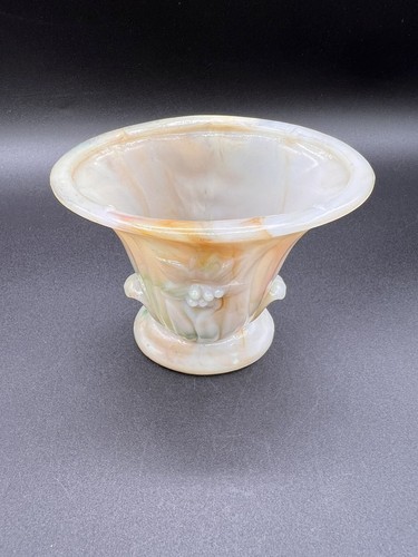 Vintage Akro Agate Slag Glass Orange/Green/Cream Flower Vase Embossed Daffodil - Picture 10 of 10