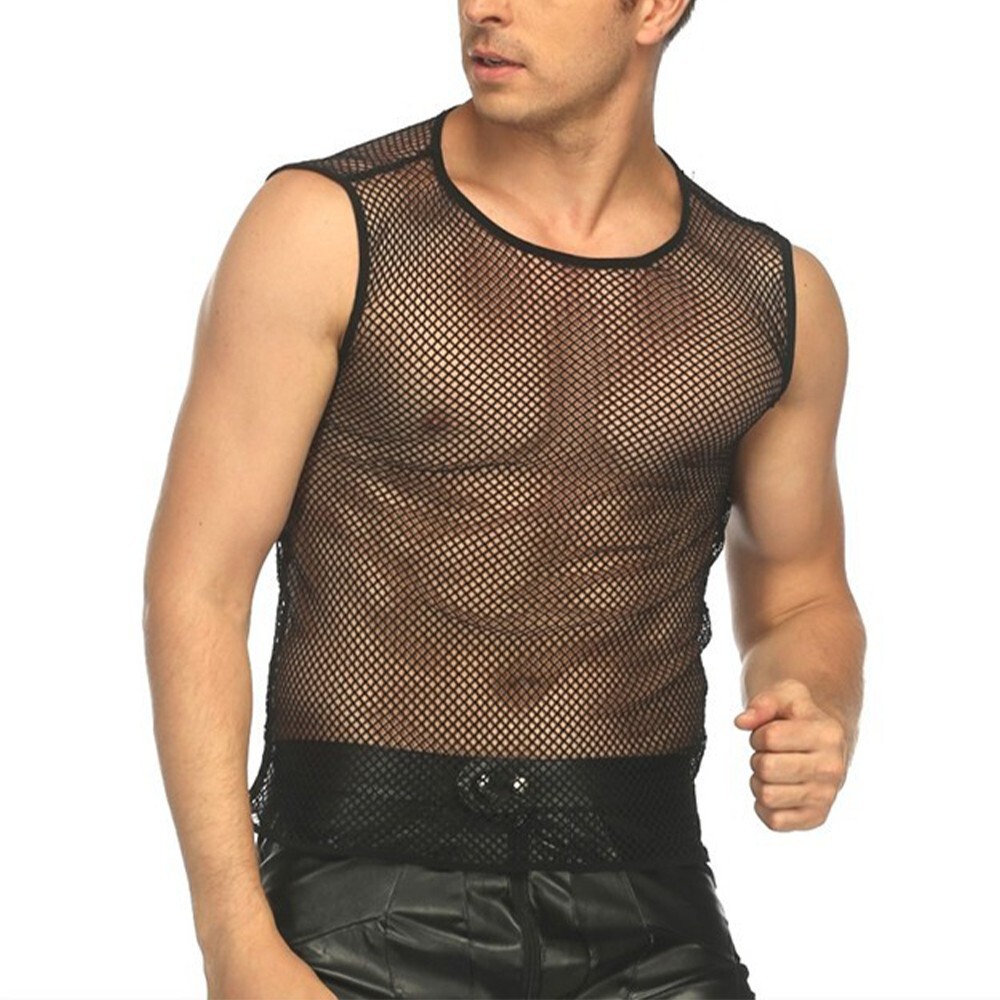 Hight Quality Shirts Mens Tank Top Black Fishnet String Vest Sleeveless