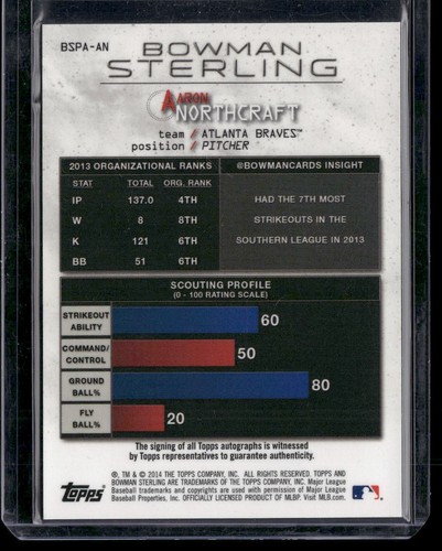2014 Bowman Sterling #BSPA-AN Aaron Northcraft Prospect Autographs - Picture 2 of 2