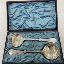 Vintage Pair of Berry Spoons In Original Box Decorative  - Possibly Silver