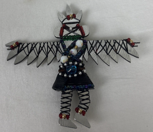 Vintage Signed Liztech Brooch 90 Eagle Dancer Pin Mirror Wire Wrap Kachina - Afbeelding 2 van 6
