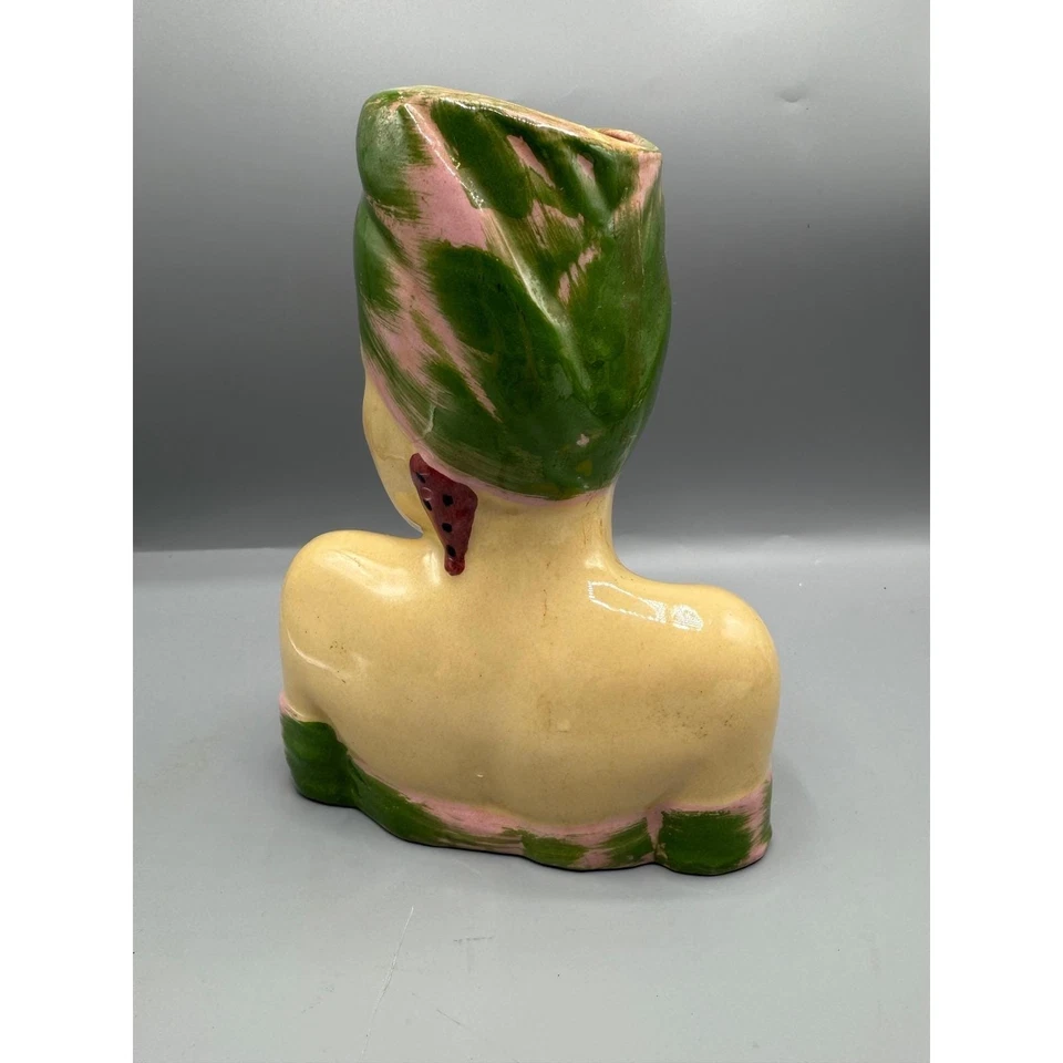 Jarrón cabeza dama vintage EHTF Carmen Miranda rosa verde usado en excelente estado regalo único Foto 2 de 4