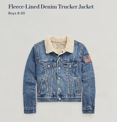 Polo Ralph Lauren Unisex Teddy Fleece Lined Denim Trucker Jacket Sz XL 18-20