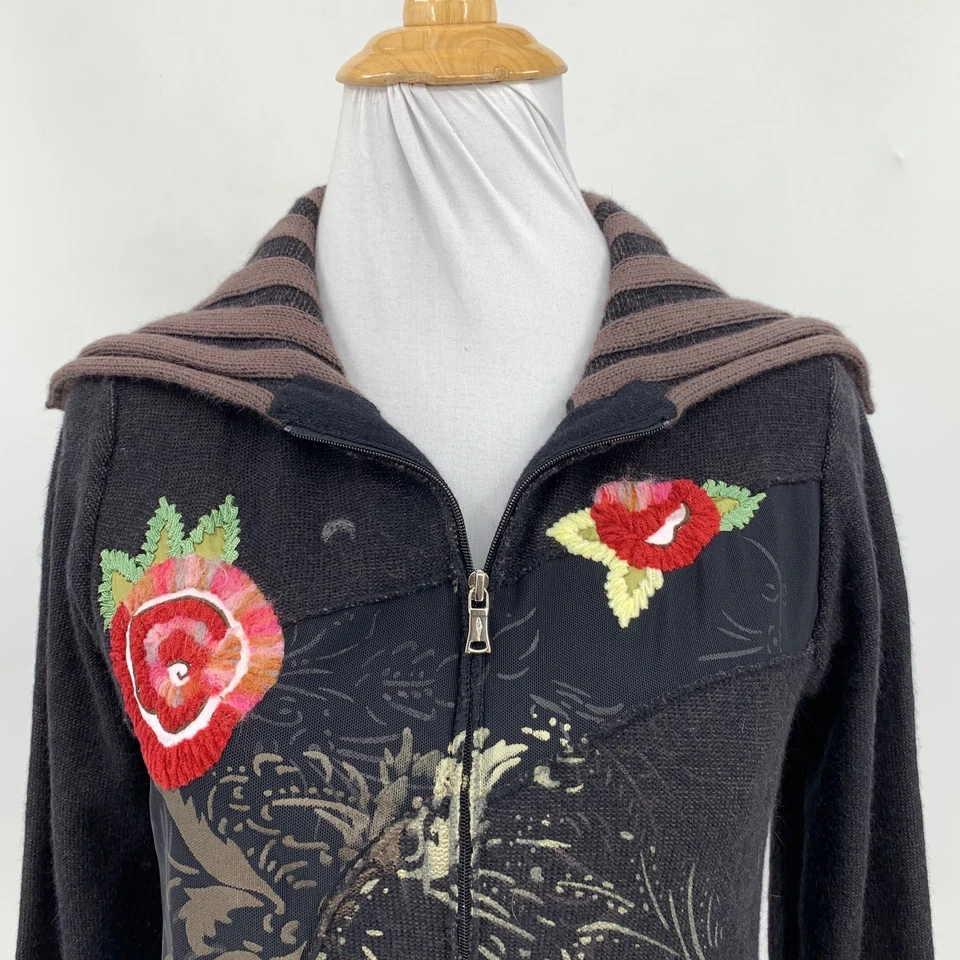 Suéter One Girl Who Mujer M Mediano Mezcla Angora Crewel Floral Cremallera Completa Y2K Foto 3 de 4