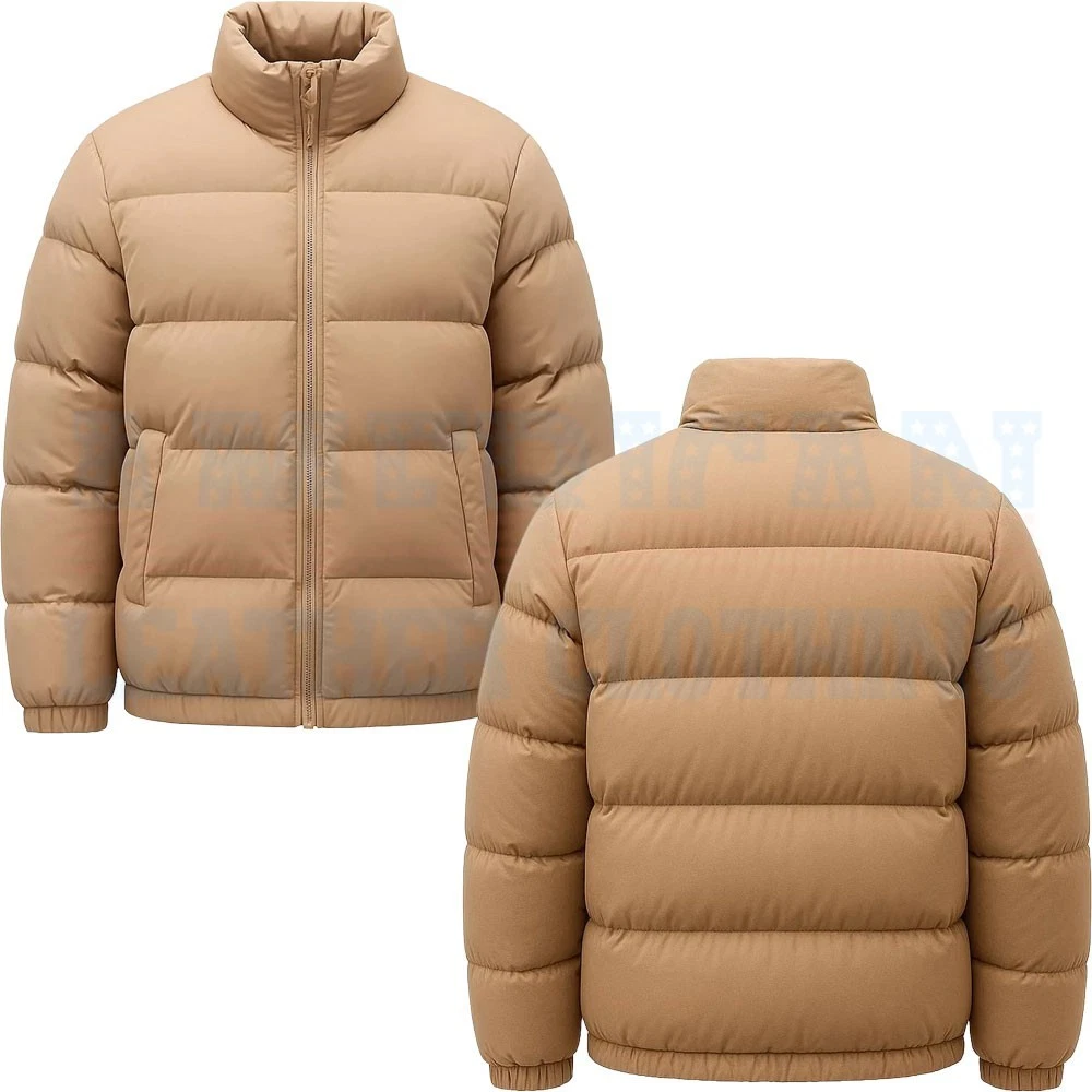 Men’s Beige Puffer Jacket Lightweight Winter Coat Warm Quilted Outerwear