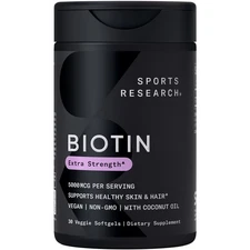 Vegan Biotin 5000mcg+ Coconut Oil Extra Strength Hair Vitamin 30 Veggie Softgels