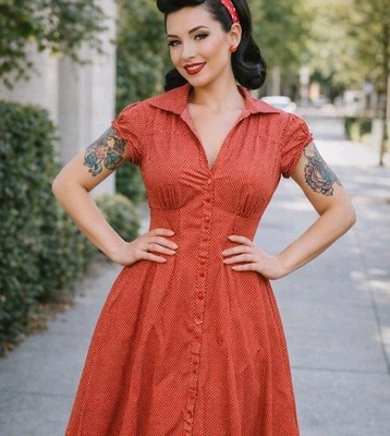 She's Cool Polka Dots Y2k Babydoll Rockabilly Shirt Dress Womens L Orange White