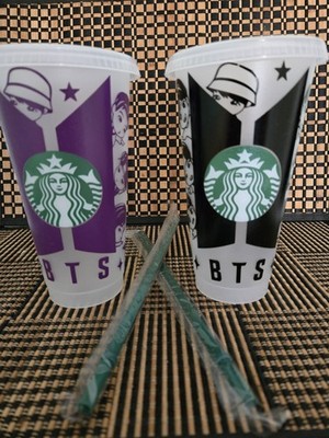 Set of 2 Custom Starbucks BTS BT21 Venti Size Reusable Cold Cup 24oz Lid+Straw