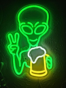 Alien Neon Sign Green Alien Beer Neon Light Dimmable LED Signs for Wall Decor...