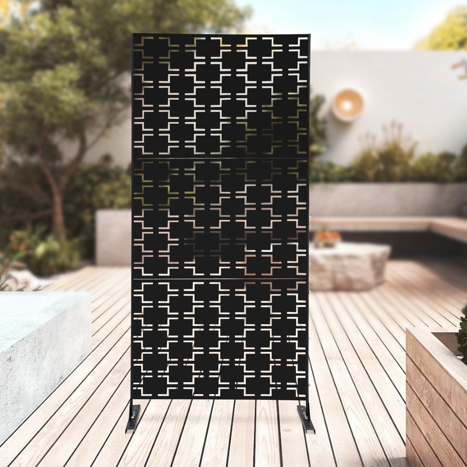 Privacy Screen Metal Freestanding Decorative Fence for Patio Balcony Porch Black