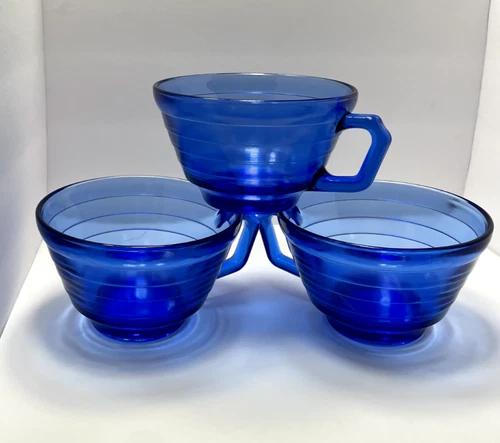 Set of 3 Vintage Hazel Atlas Moderntone Coffee Cups Cobalt Blue Depression Glass