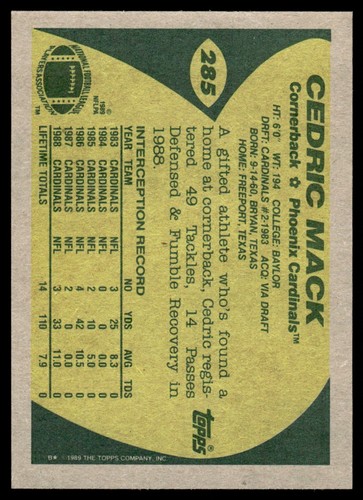 1989 Topps Cedric Mack Phoenix Cardinals #285 - Picture 2 of 2