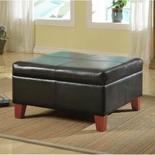 Luxury Large Square Storage Ottoman Black - HomePop: Faux Leather, Hinged Lid,