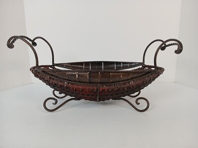 Woven Rattan and Metal Footed Oval Basket  w/Handles 16.5'' x 8'' x 7.25''