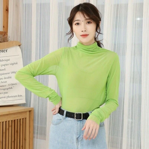 Lady Mesh Blouse See Through Sheer Casual Tops Long Sleeve Turtle Neck Thin Sexy - Picture 3 of 29