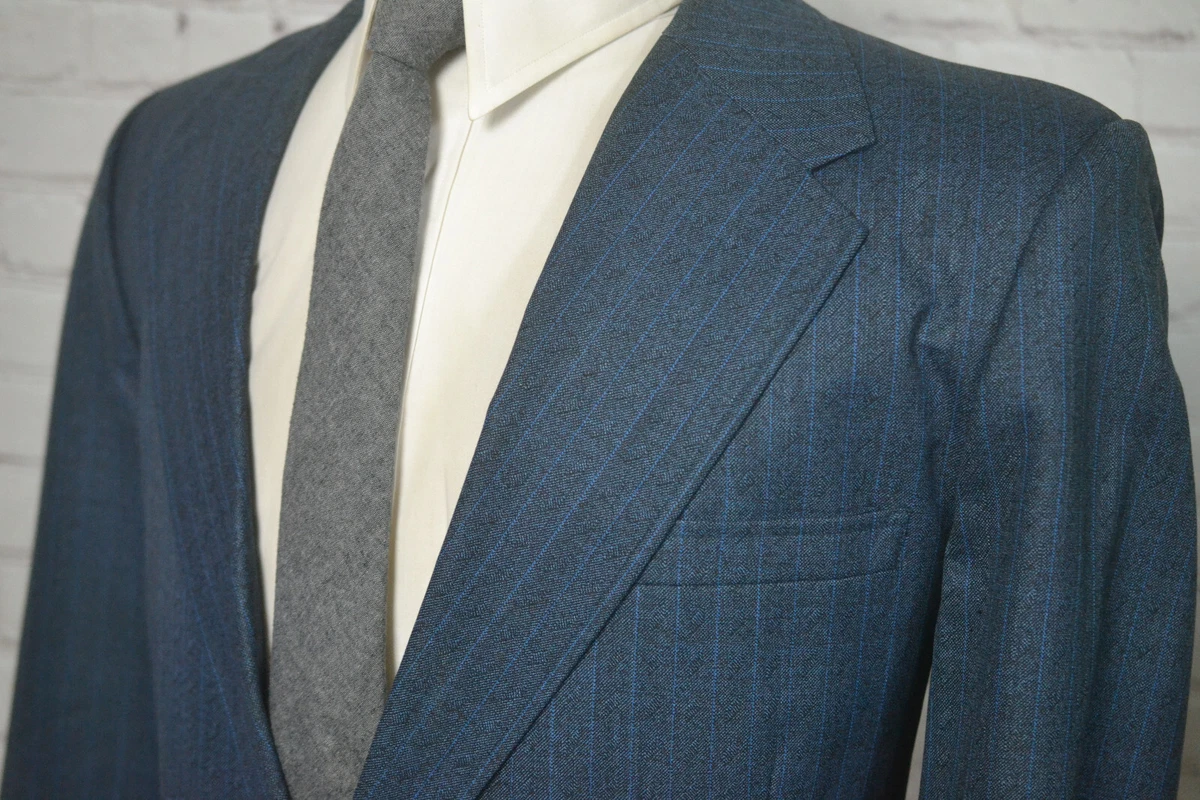 VINTAGE 50s & 60s Mens Blue Pinstripe Flat Front 2pc Suit 42R Jacket 38x32 Pant