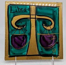 Sharon Peterkin Hand Painted Signed Libra Zodiac Art Tile 7.75x7.75" Australia 