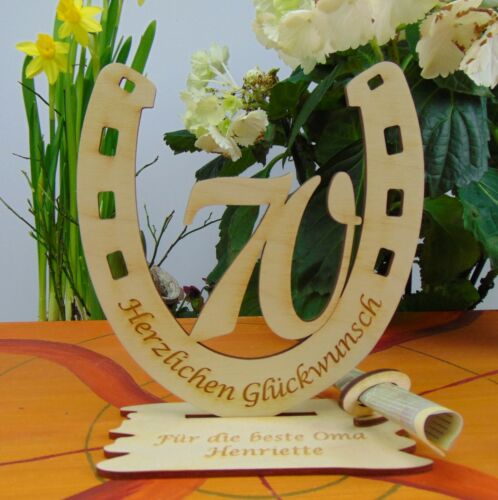 Geldgeschenk 70 Geburtstag Gutscheinhalter Hufeisen mit Namensgravur - Bild 1 von 2