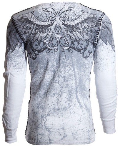 Archaic by Affliction Men's Thermal Shirt WORLD WIDE Skull Biker White - Picture 3 of 9