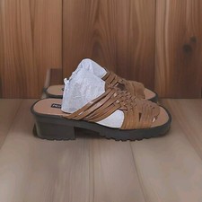 Vtg Huarache Sandal Woven Chunky Heel Boho Preppy Retro Coastal Beachy Leather