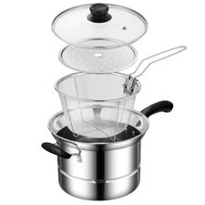 4Pcs Chip Pan Fryer With Wire Basket and Lid Non Stick Aluminium Deep Fry Pot