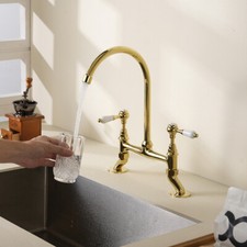 Classical Gold Bridge Kitchen Faucet Vanity Basin Sink Two Holes Mixer Tap Brass