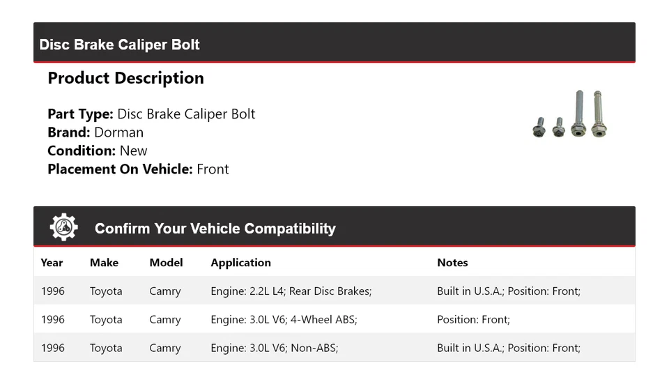 Pinza de freno de disco delantera para Toyota Camry Dorman 1996 perno Foto 2 de 4