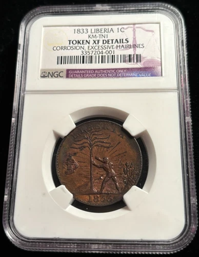Liberia 1833 Cent NGC XF Details Cleaned American Colonization Society KM-TN1
