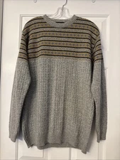 Amber Knitting Mills Lambs Wool Sweater Fair Isle Cable Knit Gray Men’s Sz 42/XL