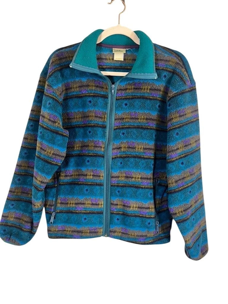 LL Bean Vintage 90s Fleece Jacket S Blue Aztec Tribal Striped Navajo Outdoor 90s