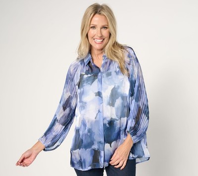 Susan Graver Regular Occasions Printed Sheer Woven Tunic Blue M New