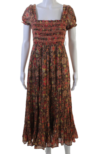 Free People Damen ärmellos gesmoktes geblümtes Kleid mit eckigem Ausschnitt rot bunt Small