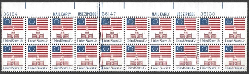 US Scott #1622 13¢ Flag Over Independence Hall, MNH Plt Strip Of 20 w/Ink Smears