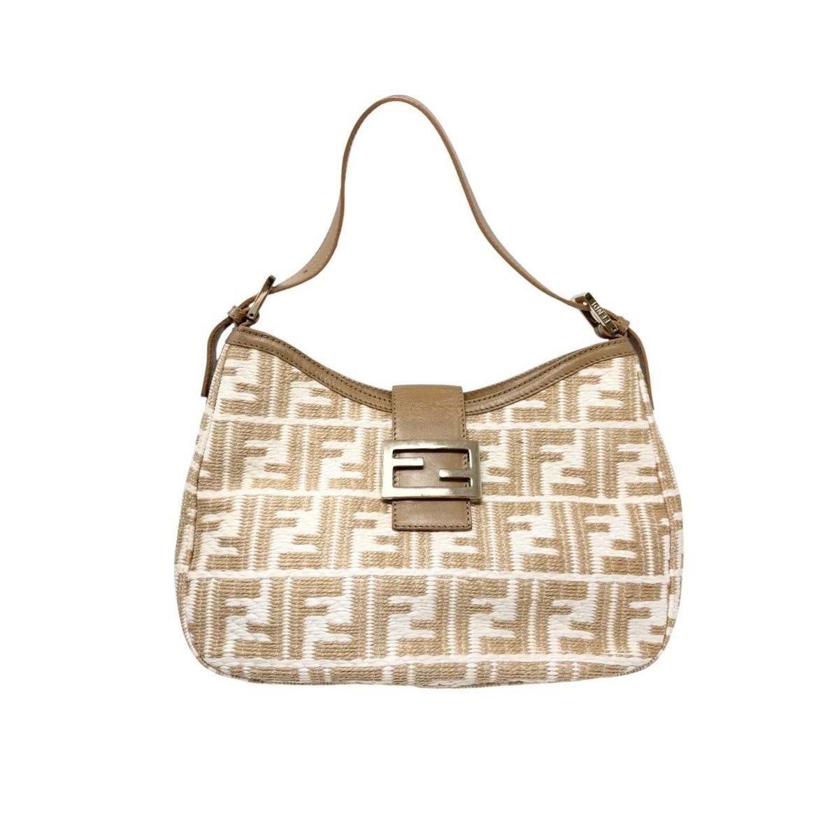 FENDI Vintage FF Logo Zucca Raffia Hobo Shoulder Bag Brown White